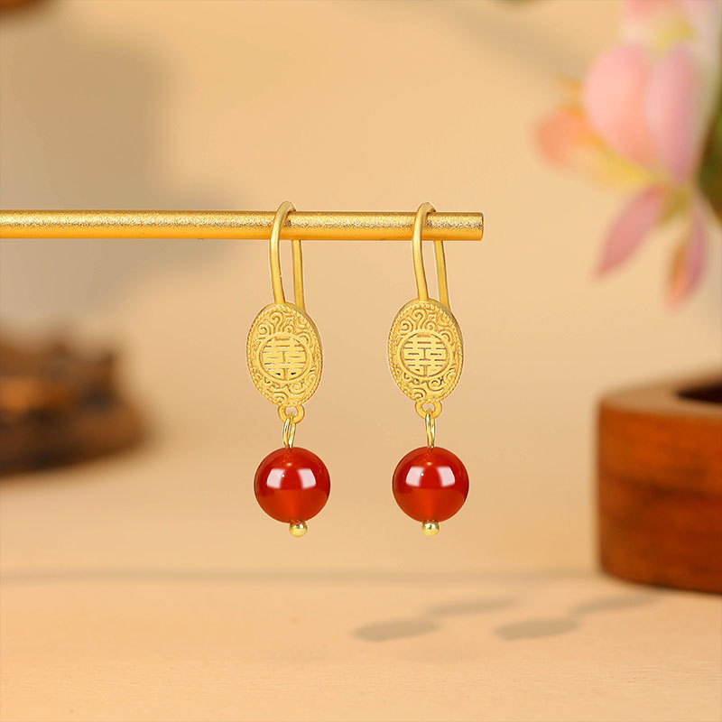 Natural Red Jade Bead Earrings - Gold Plated Jewelry 评论和价格
