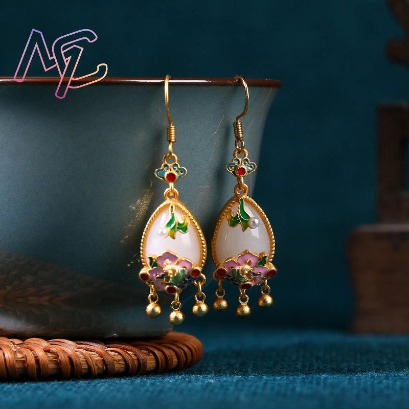 Natural Jade Flower Earrings C - Gold Plated Jewelry 评论和价格