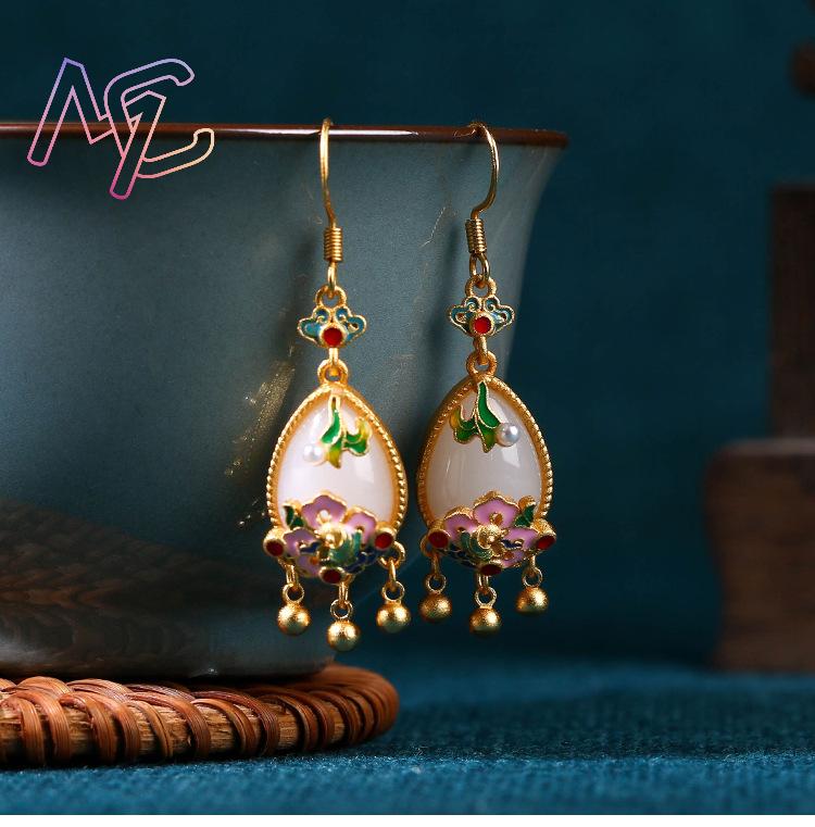 Natural Jade Flower Earrings C - Gold Plated Jewelry 评论和价格